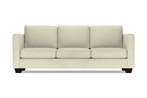 Introducing the Catalina Sofa: a three-seater in beige with square cushions and armrests, featuring black wooden legs, elegantly showcased against a white background.