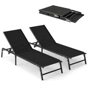 Chaise Lounge Chair Set of 2 Foldable Patio Lounge Chairs-Black