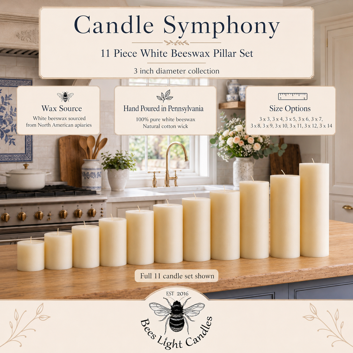 Candle Symphony 11 Piece White-Beeswax Pillar Set 3-Inch Diameter