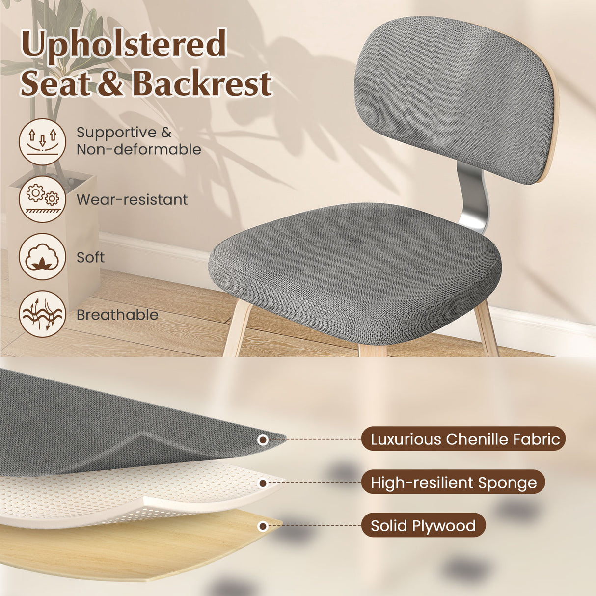 Chenille Fabric Upholstered Wooden Kitchen Chairs Set of 2-Gray