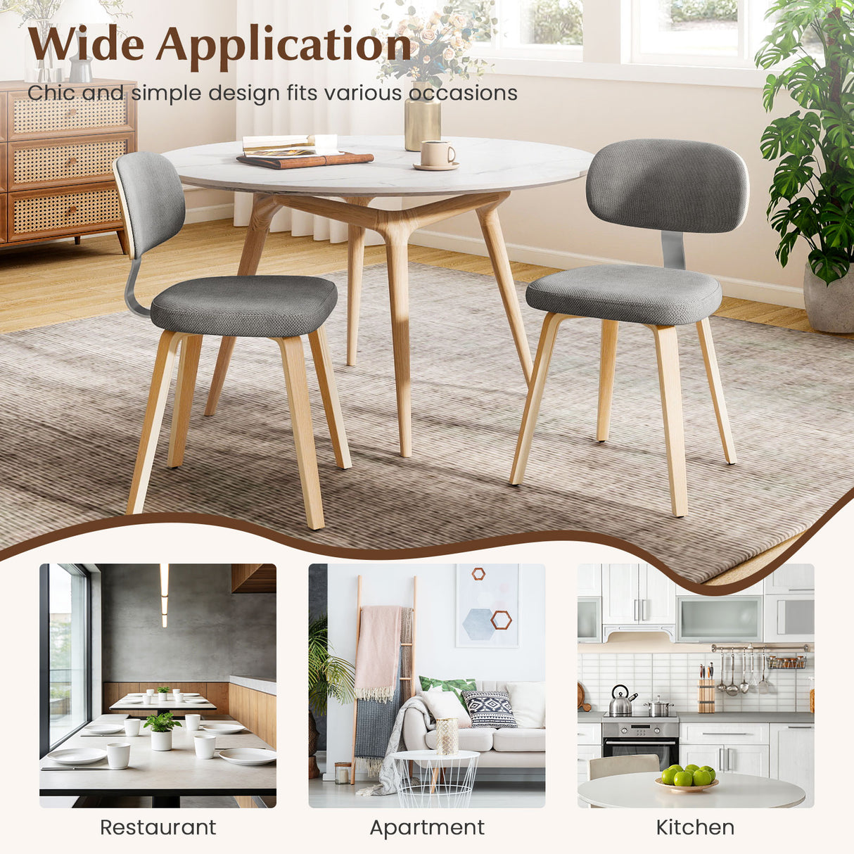 Chenille Fabric Upholstered Wooden Kitchen Chairs Set of 2-Gray