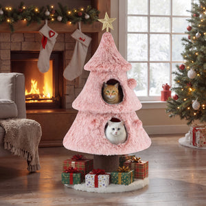 Christmas Cat Tree for Indoor Cats 48.5 inch Cute Cat Tower with 2 Large Condos Scratching Post-Pink