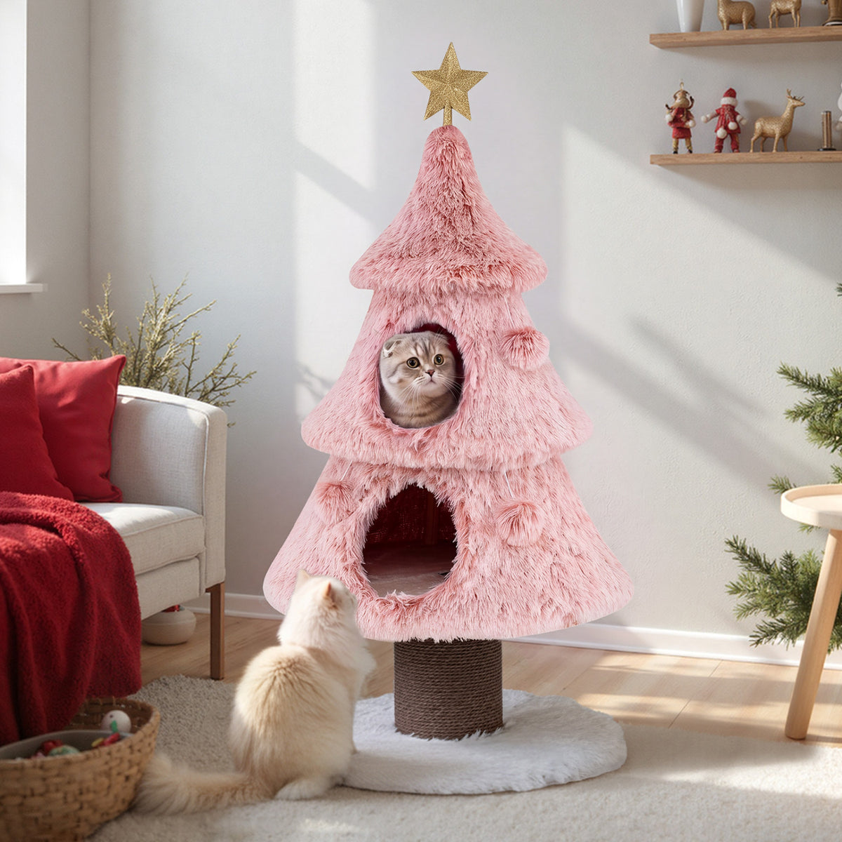 Christmas Cat Tree for Indoor Cats 48.5 inch Cute Cat Tower with 2 Large Condos Scratching Post-Pink