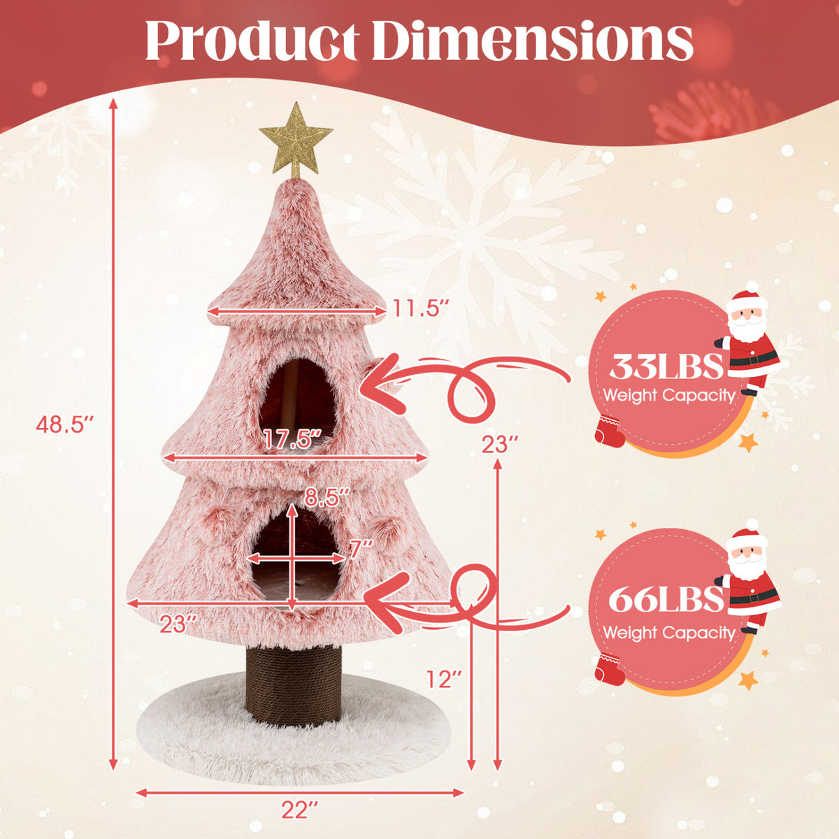 Christmas Cat Tree for Indoor Cats 48.5 inch Cute Cat Tower with 2 Large Condos Scratching Post-Pink