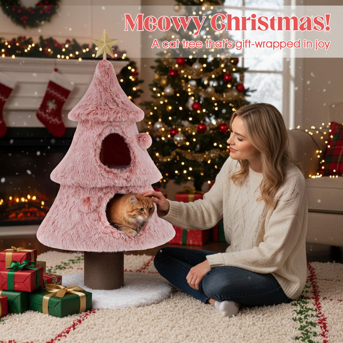 Christmas Cat Tree for Indoor Cats 48.5 inch Cute Cat Tower with 2 Large Condos Scratching Post-Pink