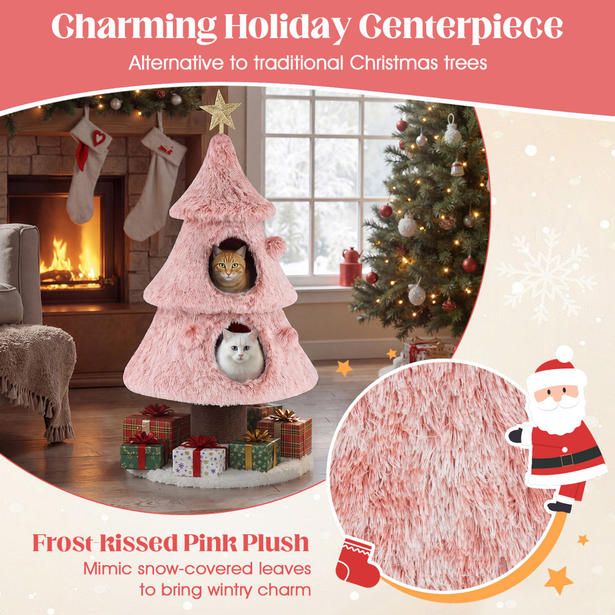 Christmas Cat Tree for Indoor Cats 48.5 inch Cute Cat Tower with 2 Large Condos Scratching Post-Pink