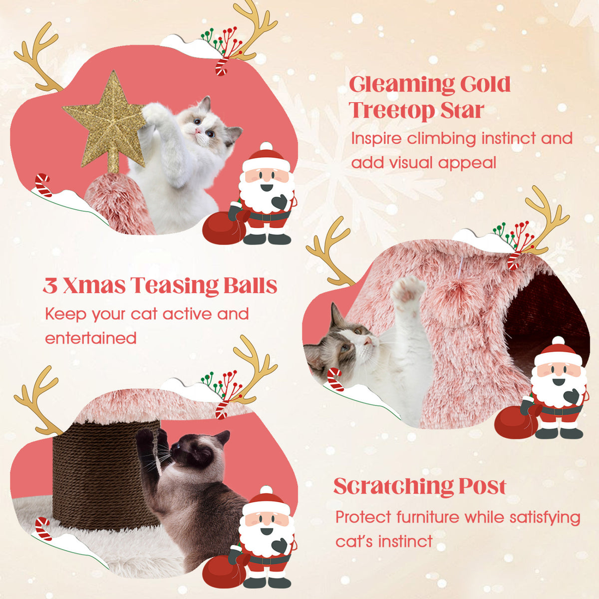 Christmas Cat Tree for Indoor Cats 48.5 inch Cute Cat Tower with 2 Large Condos Scratching Post-Pink