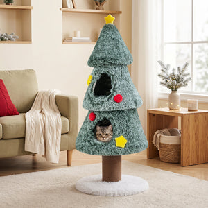 Christmas Cat Tree with 2 Condos Scratching Post and Decorative Stars-Green