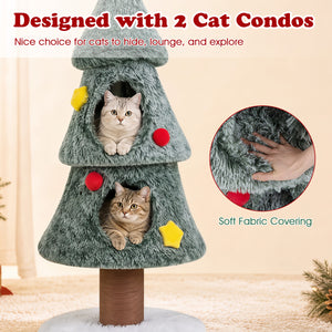 Christmas Cat Tree with 2 Condos Scratching Post and Decorative Stars-Green
