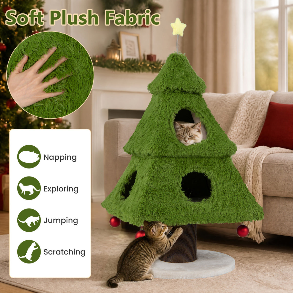 Christmas Cat Tree with Scratching Post and Dangling Balls for Indoor Cats-Green