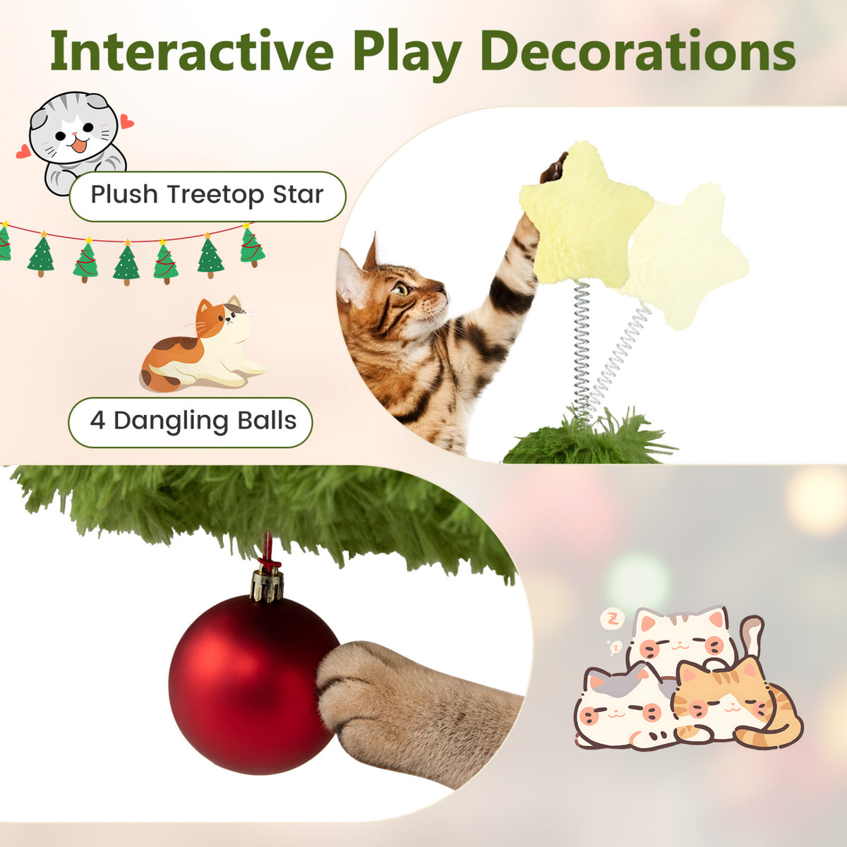 Christmas Cat Tree with Scratching Post and Dangling Balls for Indoor Cats-Green