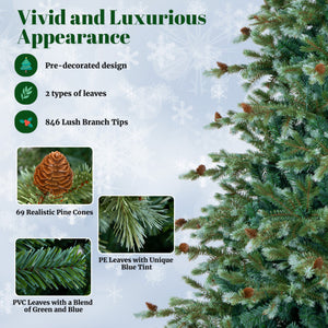 6/7/8 Feet Christmas Tree with Warm White LED Lights and Pine Cones-7 ft