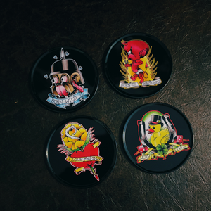 Classic Tattoo Coaster Set | Metal & Cork Retro Round Coasters in Gift Tin