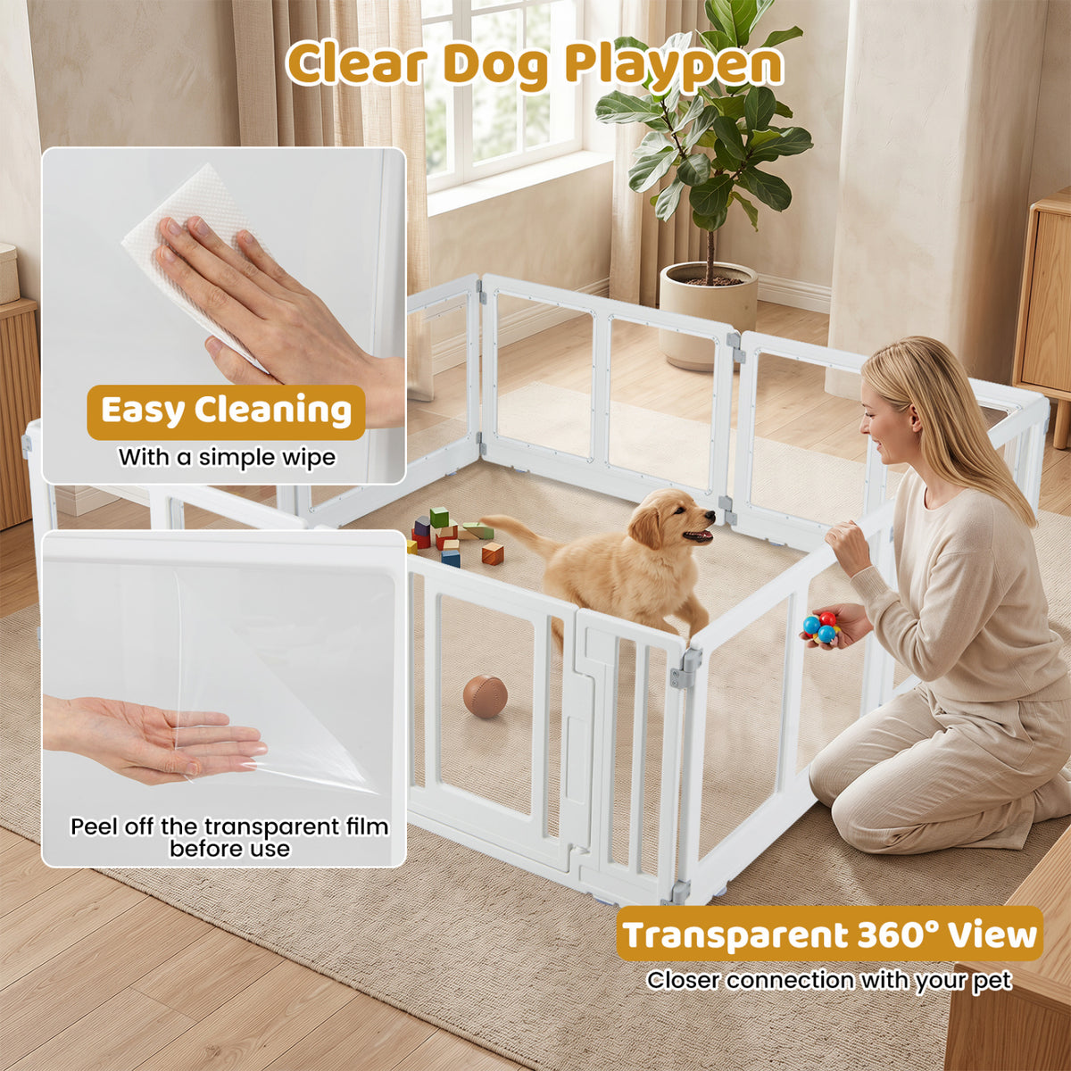 Clear Plastic Dog Playpen with Secure Locking Door-8 Panel