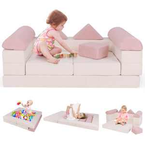 9-Piece Climb and Crawl Foam and Floor Playset with Breathable Suede Fabric-Pink