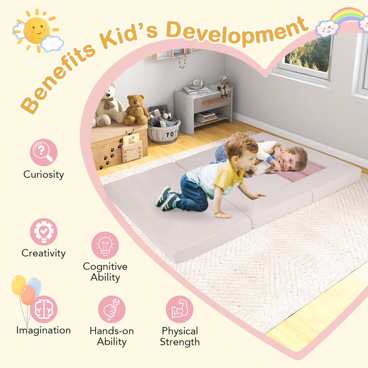 9-Piece Climb and Crawl Foam and Floor Playset with Breathable Suede Fabric-Pink