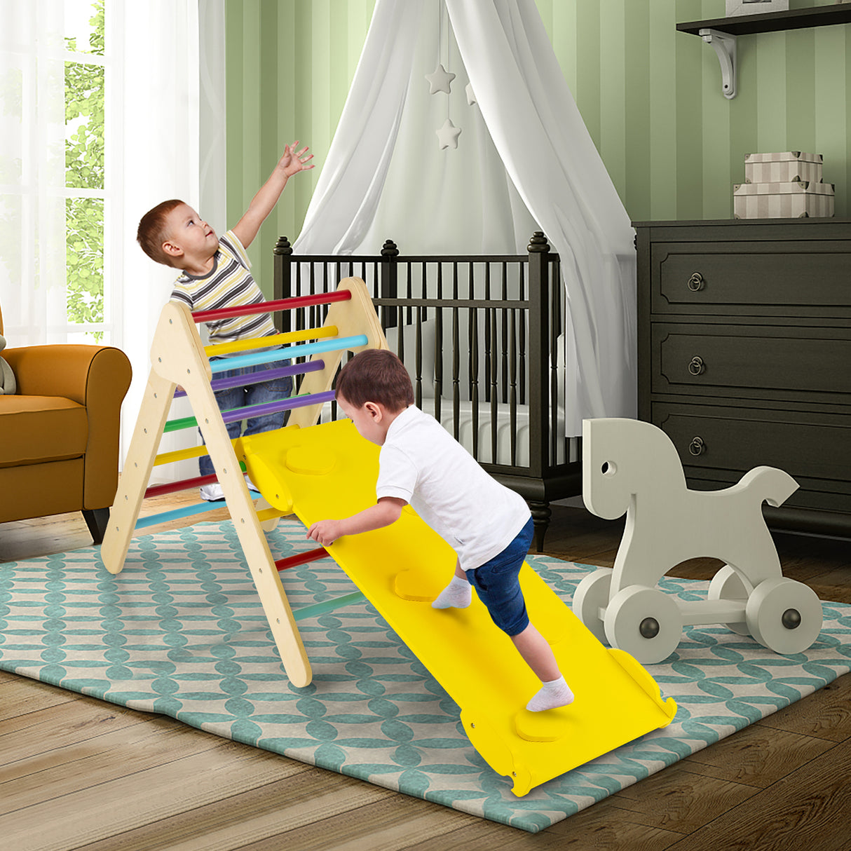 Patented 3-in-1 Wooden Climbing Triangle Set Triangle Climber with Ramp-Multicolor