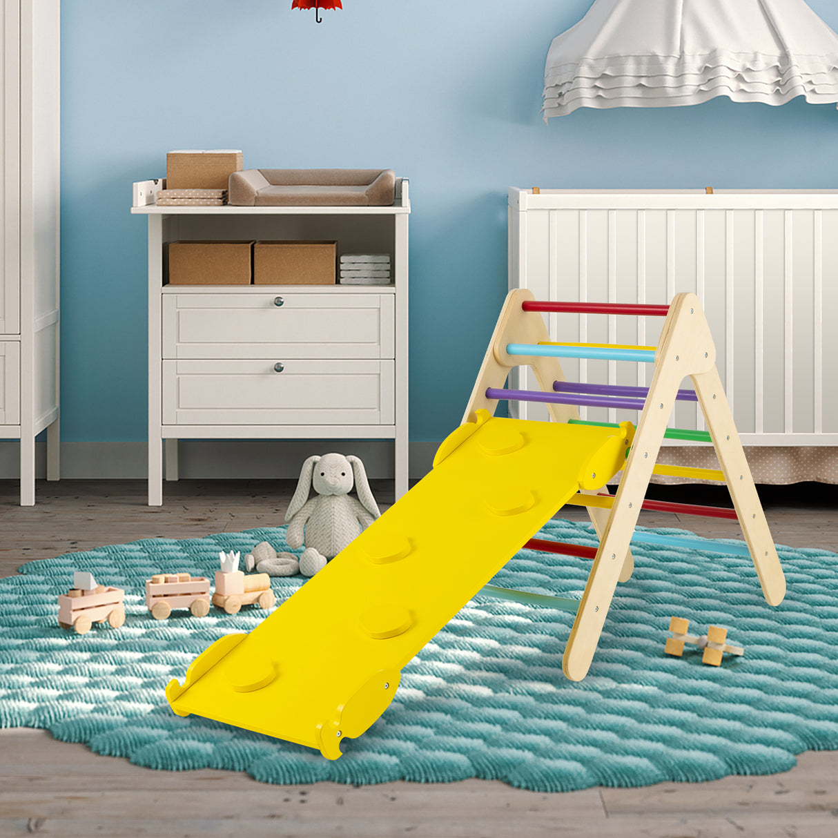 Patented 3-in-1 Wooden Climbing Triangle Set Triangle Climber with Ramp-Multicolor