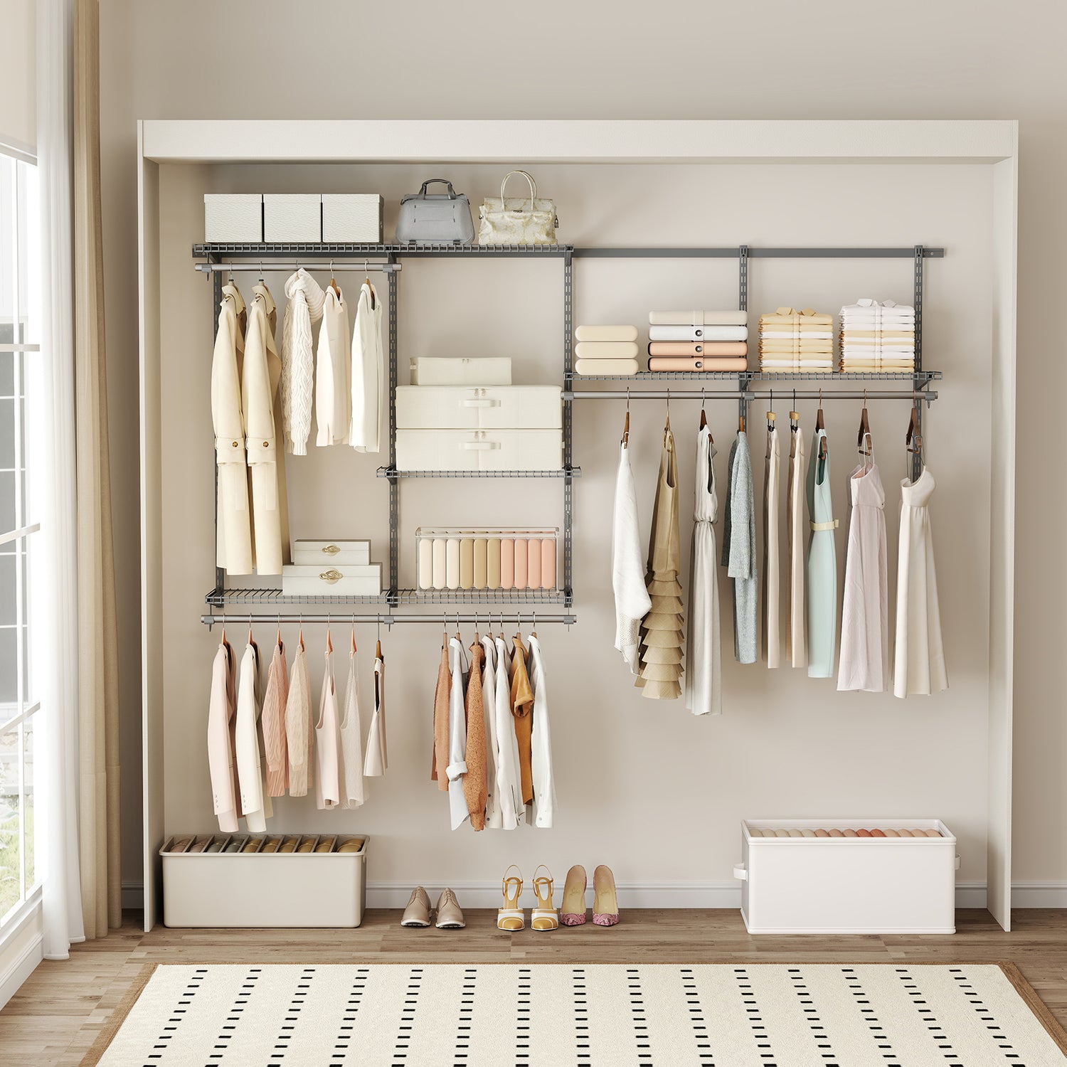 Closet System 4-8 FT Wall-Mounted Closet Shelves and Rod-Gray