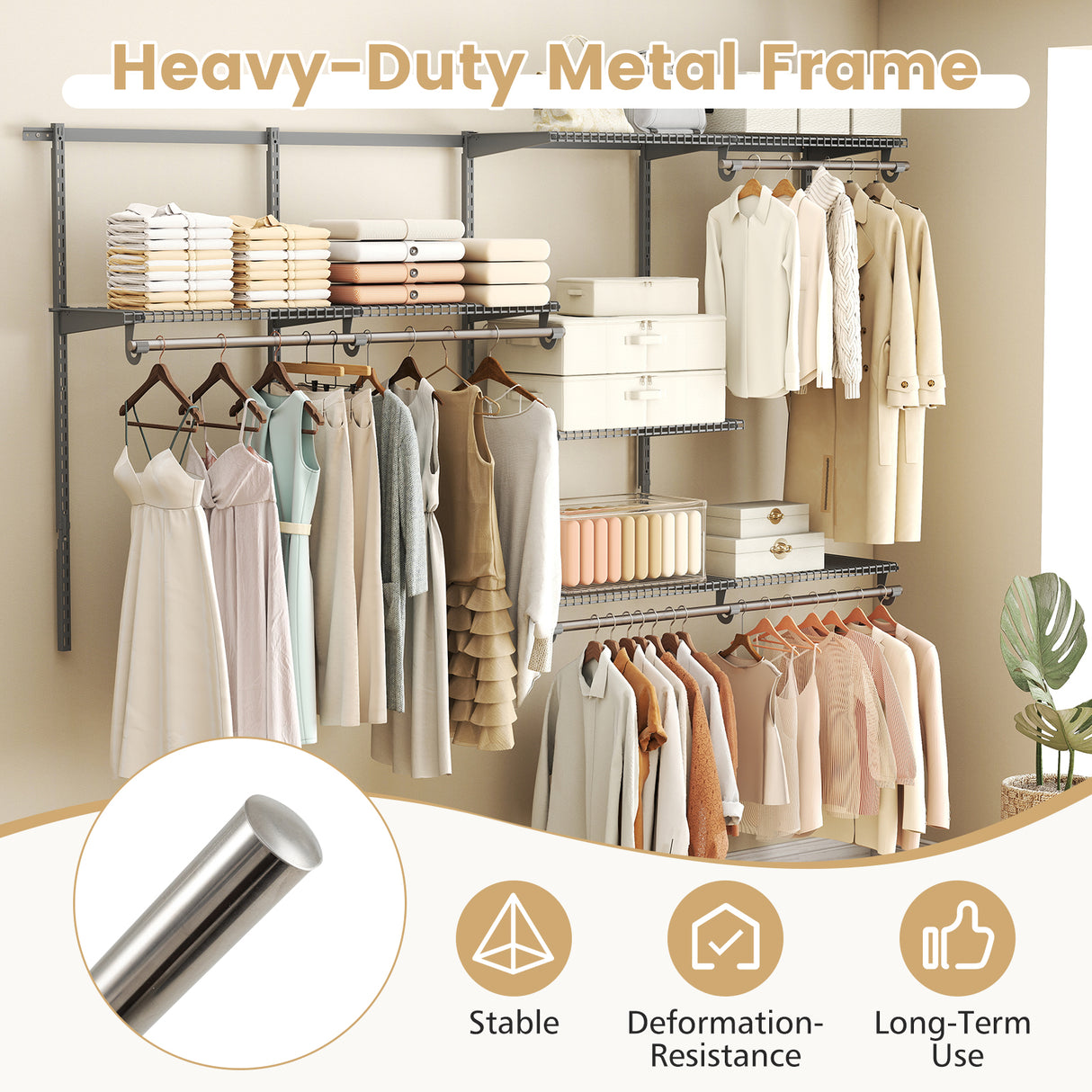 Closet System 4-8 FT Wall-Mounted Closet Shelves and Rod-Gray