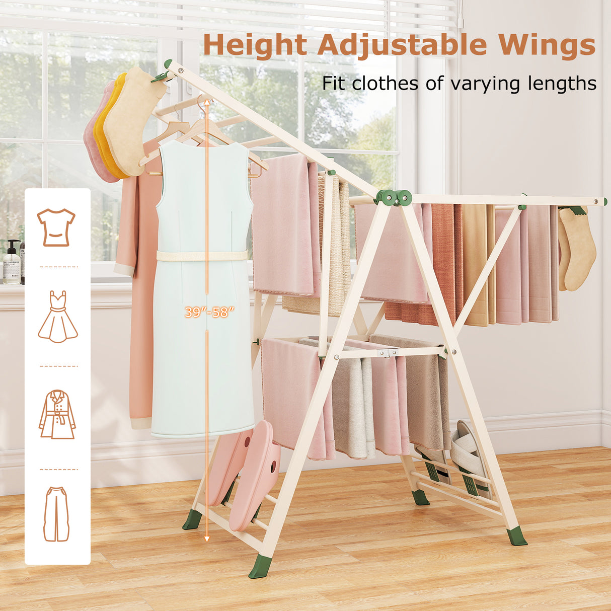 Clothes Drying Rack with Height Adjustable Wings-Beige
