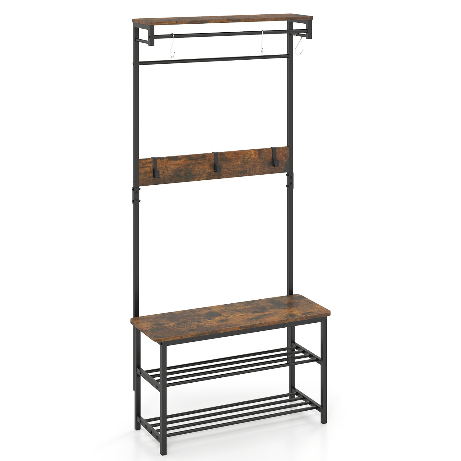 Coat Rack 4-In-1 Hall Tree with Shoe Bench and Removable Hooks-Coffee