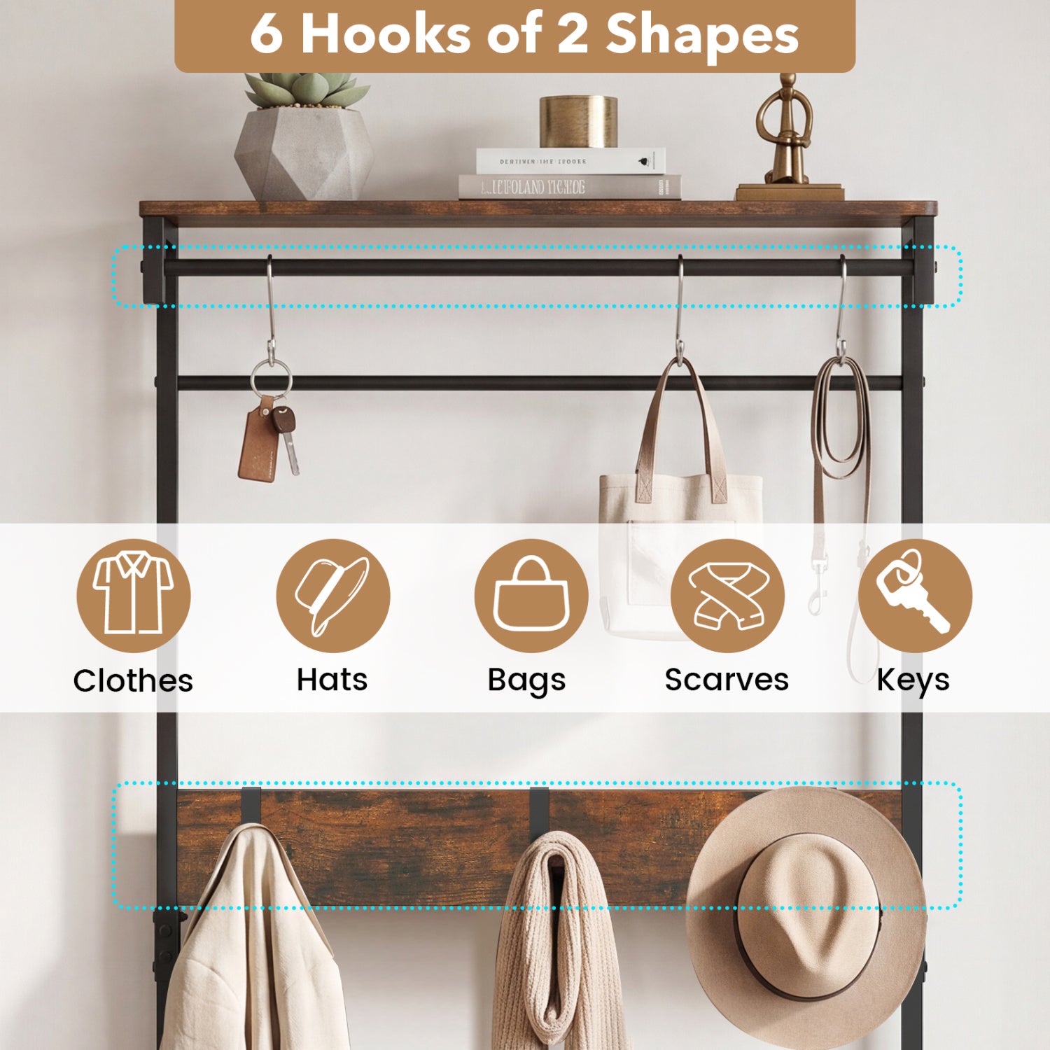 Coat Rack 4-In-1 Hall Tree with Shoe Bench and Removable Hooks-Coffee