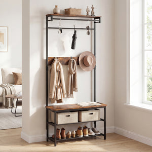 Coat Rack 4-In-1 Hall Tree with Shoe Bench and Removable Hooks-Coffee