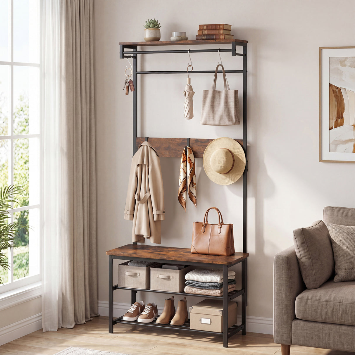 Coat Rack 4-In-1 Hall Tree with Shoe Bench and Removable Hooks-Coffee