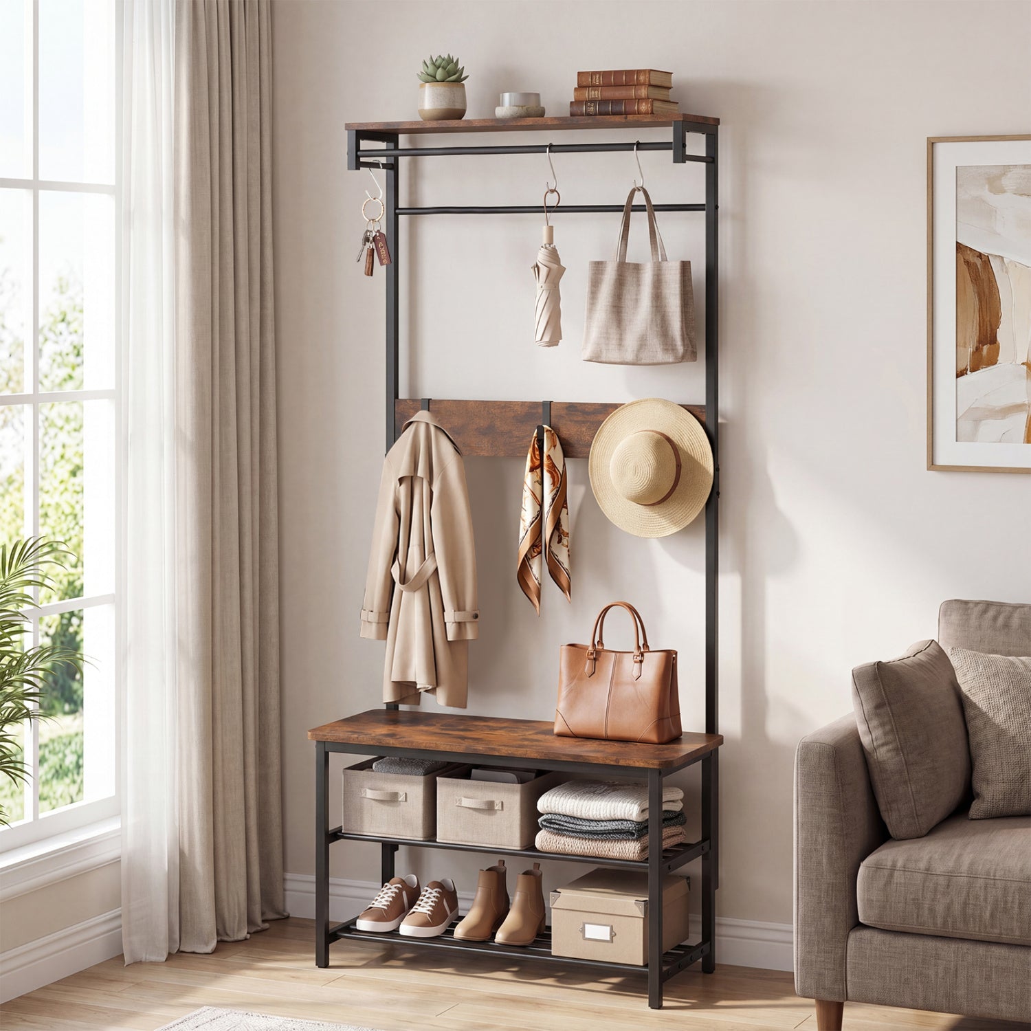 Coat Rack 4-In-1 Hall Tree with Shoe Bench and Removable Hooks-Coffee