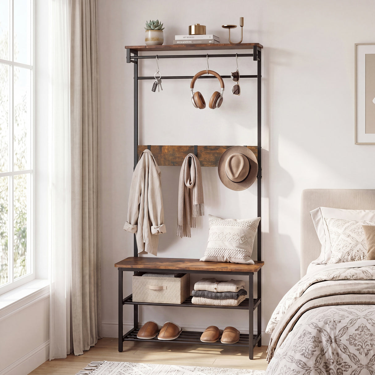 Coat Rack 4-In-1 Hall Tree with Shoe Bench and Removable Hooks-Coffee