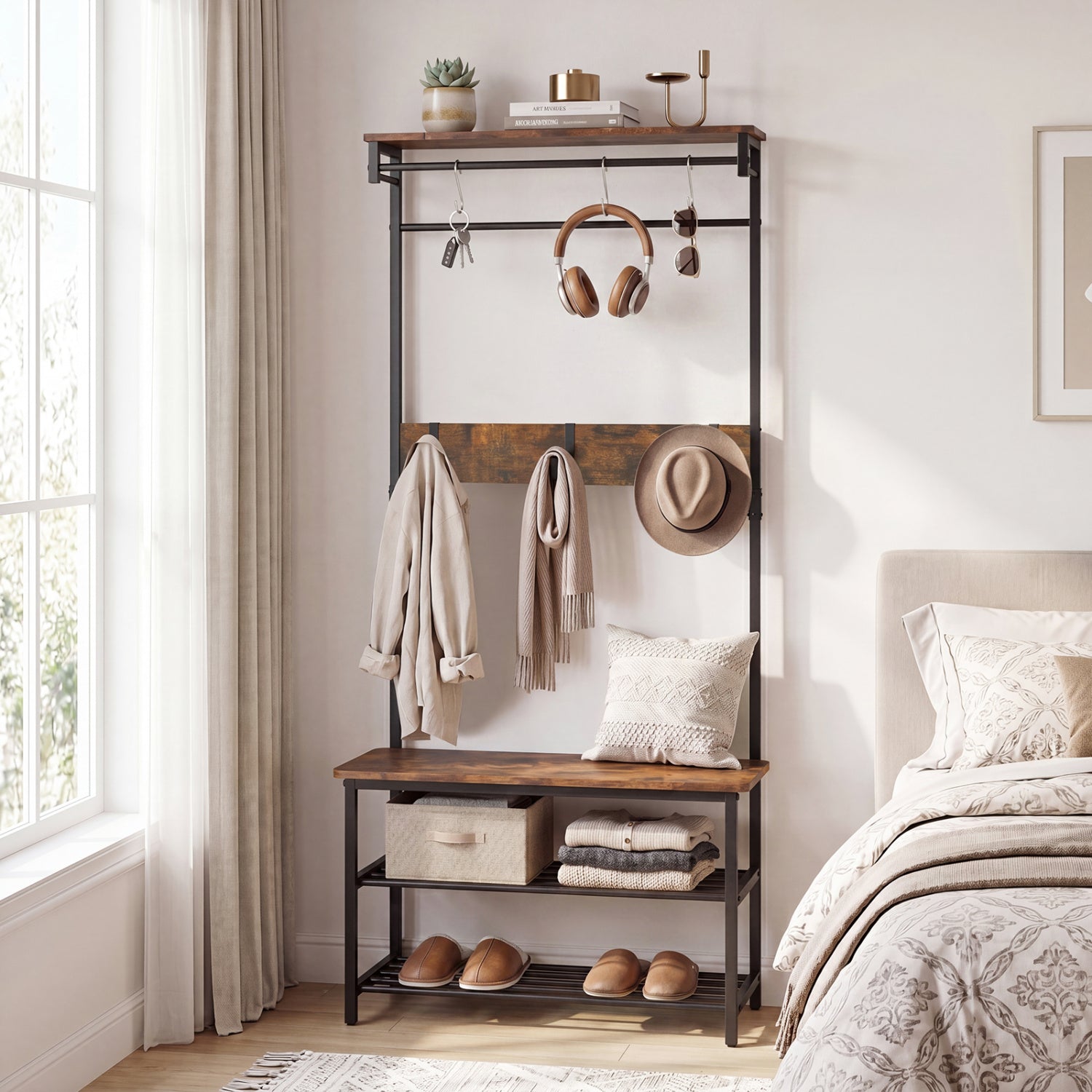 Coat Rack 4-In-1 Hall Tree with Shoe Bench and Removable Hooks-Coffee