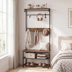 Coat Rack 4-In-1 Hall Tree with Shoe Bench and Removable Hooks-Coffee