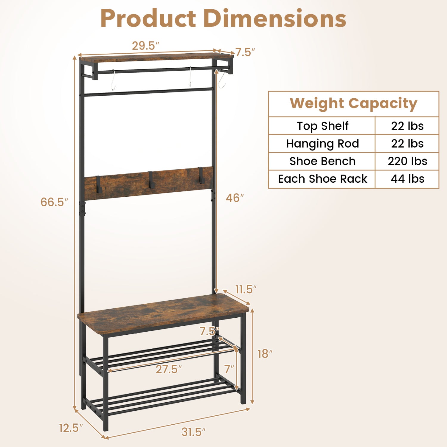 Coat Rack 4-In-1 Hall Tree with Shoe Bench and Removable Hooks-Coffee