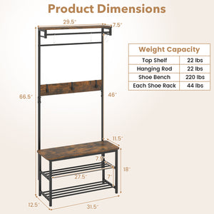 Coat Rack 4-In-1 Hall Tree with Shoe Bench and Removable Hooks-Coffee