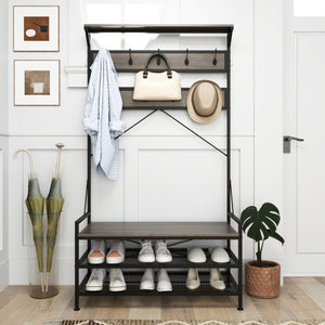 Coat Rack 4-In-1 Hall Tree with 11 Hanging Hooks Shoe Bench-Gray