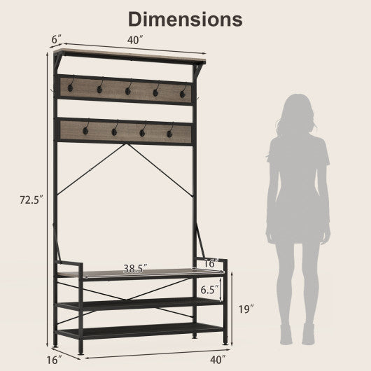 Coat Rack 4-In-1 Hall Tree with 11 Hanging Hooks Shoe Bench-Gray