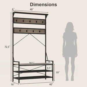 Coat Rack 4-In-1 Hall Tree with 11 Hanging Hooks Shoe Bench-Gray