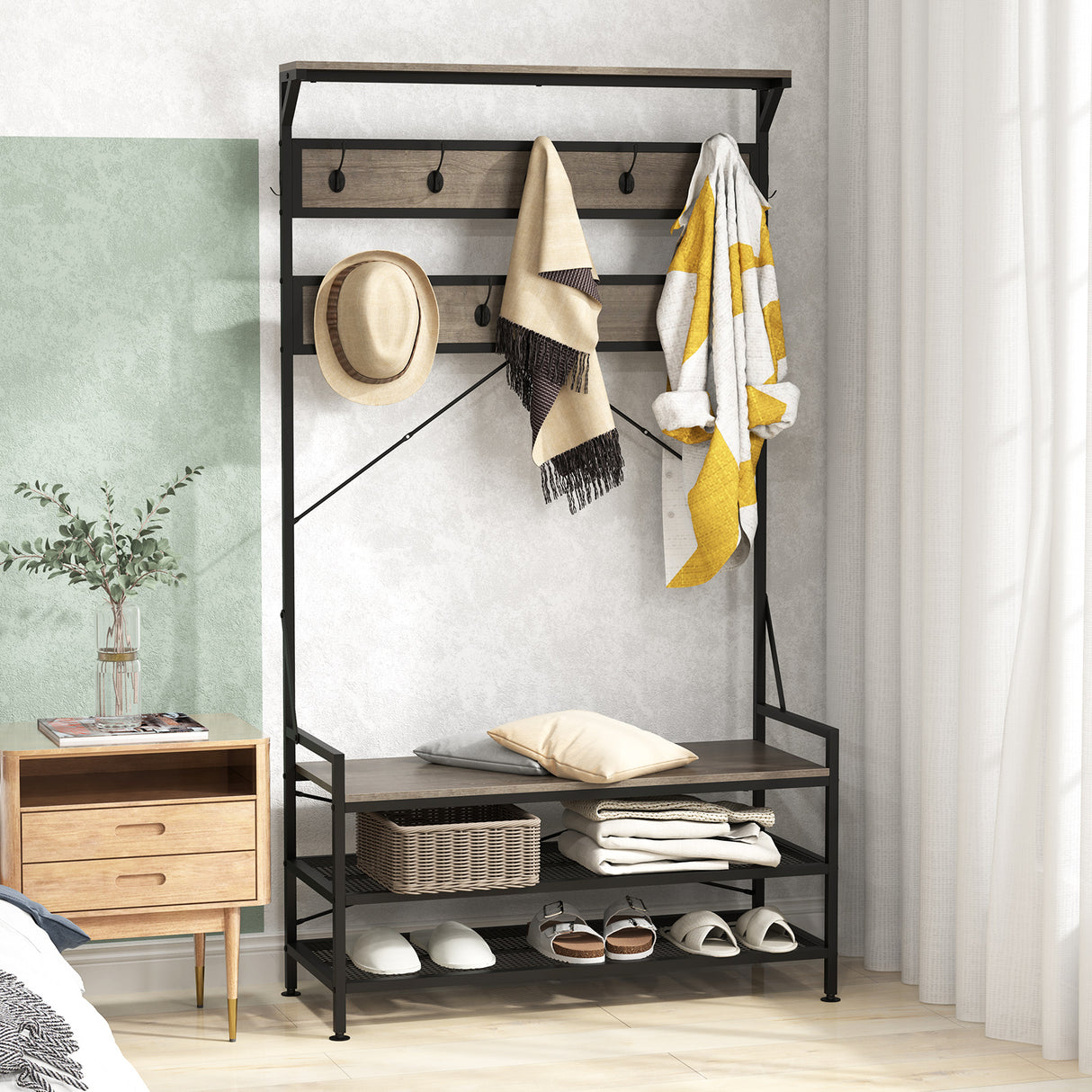 Coat Rack 4-In-1 Hall Tree with 11 Hanging Hooks Shoe Bench-Gray