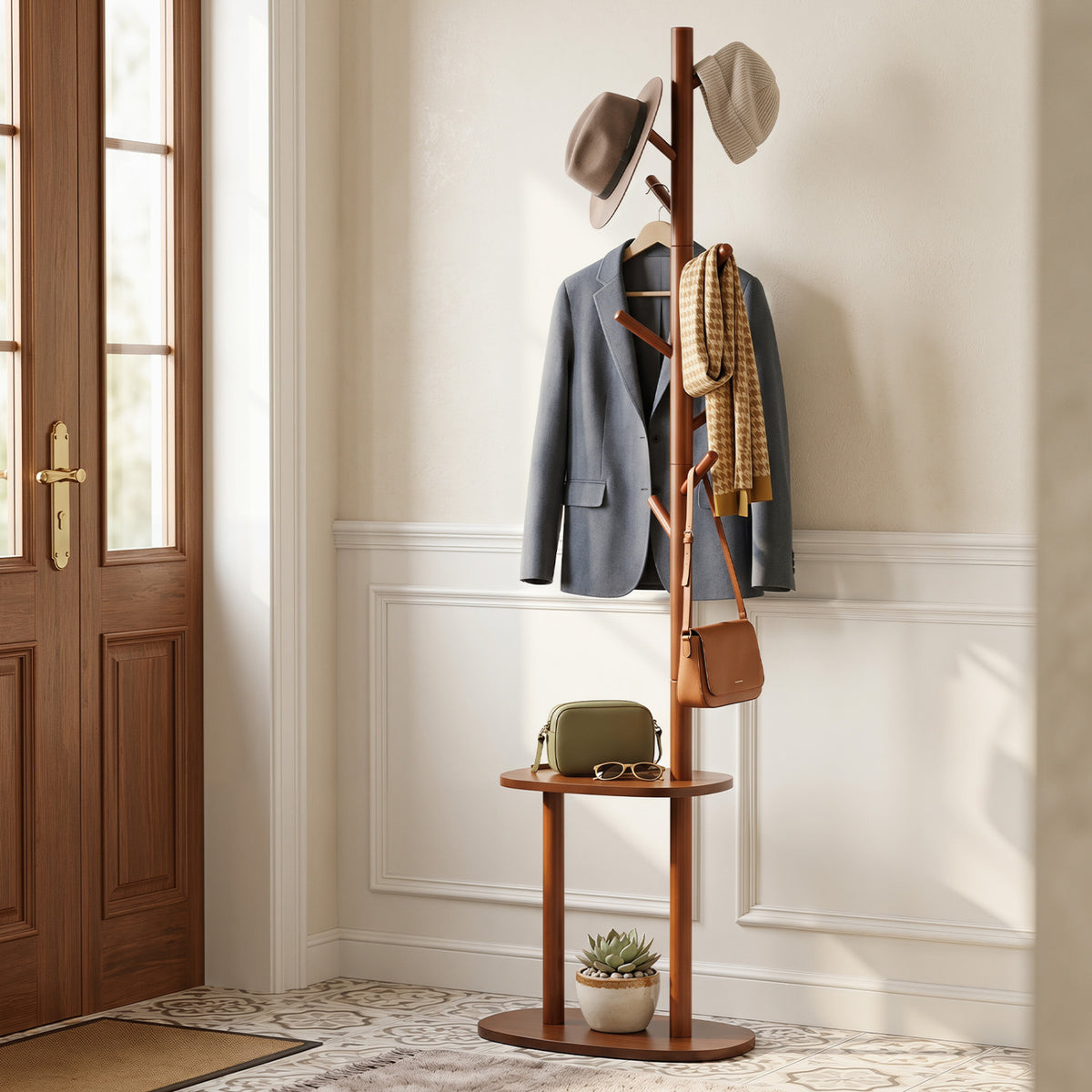 Coat Rack with 8 Rubber Wood Hooks and 2 Storage Shelves-Walnut