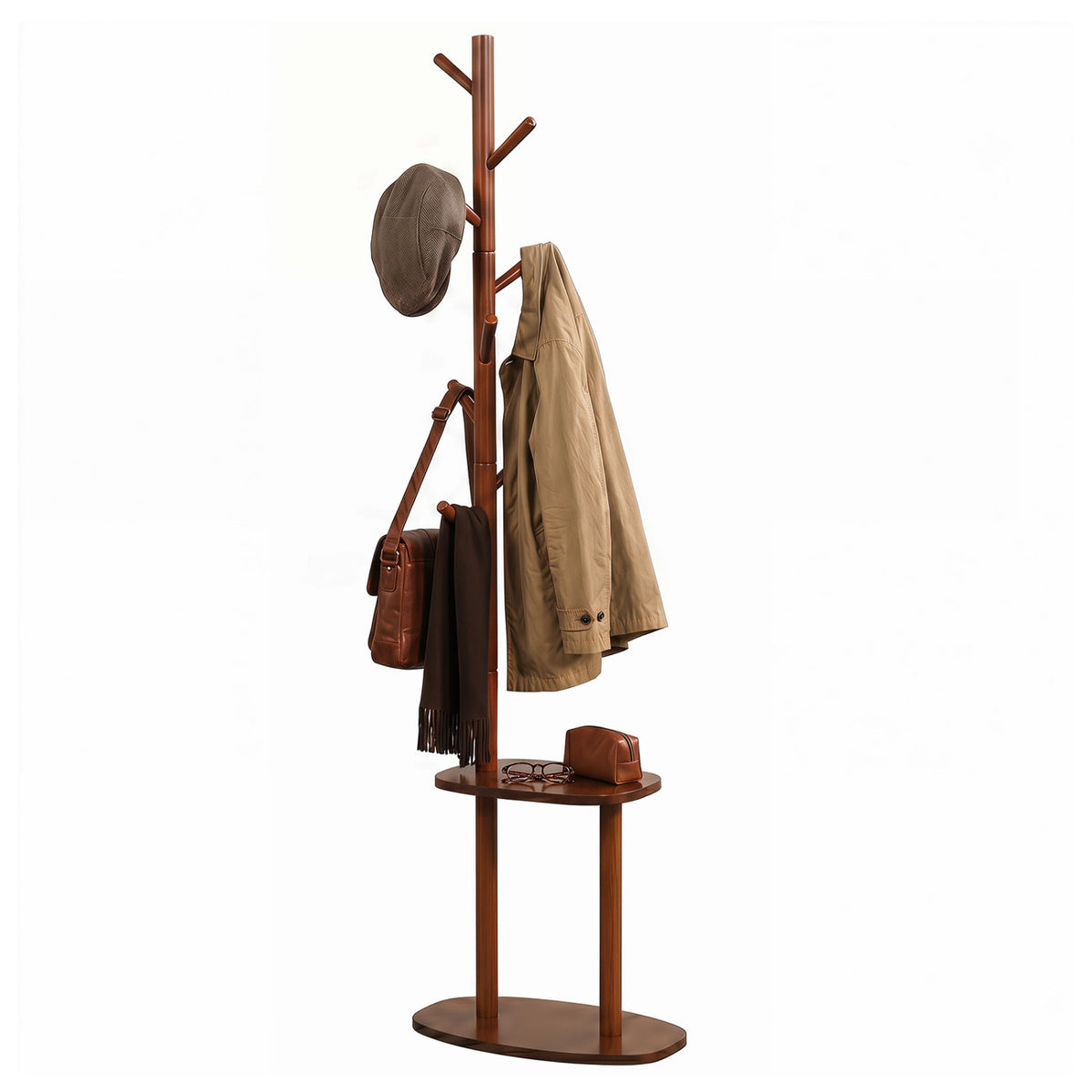 Coat Rack with 8 Rubber Wood Hooks and 2 Storage Shelves-Walnut