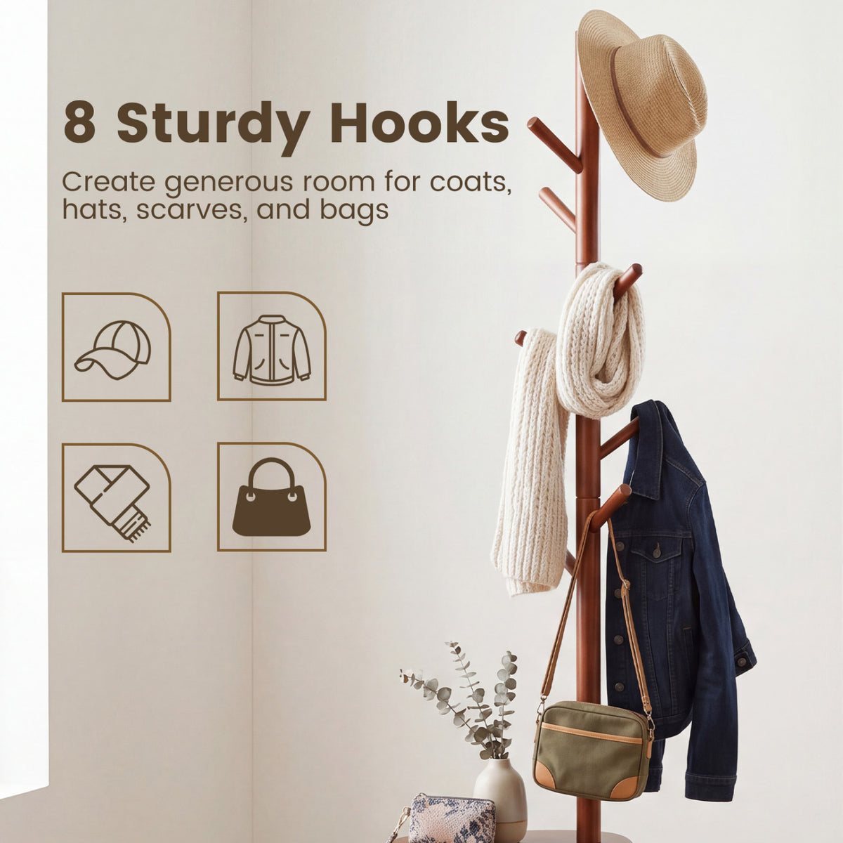 Coat Rack with 8 Rubber Wood Hooks and 2 Storage Shelves-Walnut