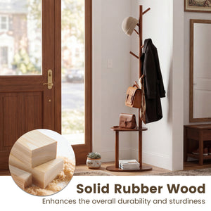 Coat Rack with 8 Rubber Wood Hooks and 2 Storage Shelves-Walnut