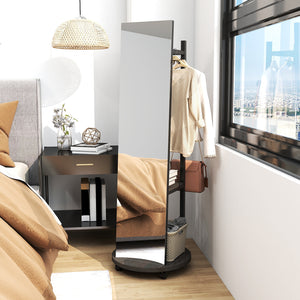 Coat Rack with Full Length Mirror Freestanding Coat Tree with 3 Hooks-Walnut