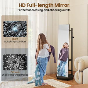 Coat Rack with Full Length Mirror Freestanding Coat Tree with 3 Hooks-Walnut
