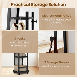Coat Rack with Full Length Mirror Freestanding Coat Tree with 3 Hooks-Walnut