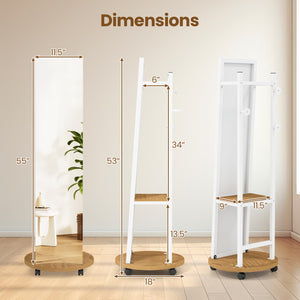 Coat Rack with Full Length Mirror Freestanding Coat Tree with 3 Hooks-Natural