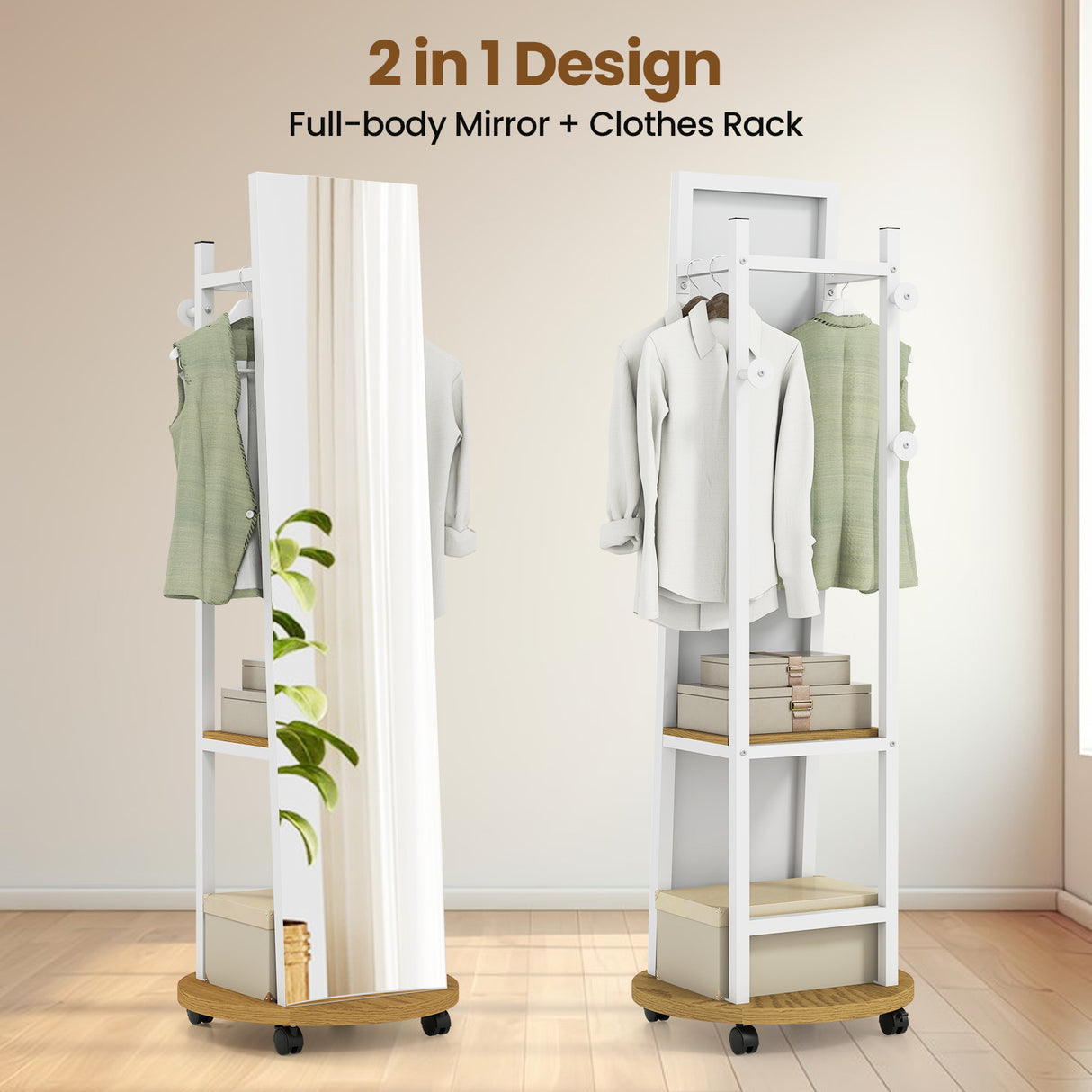 Coat Rack with Full Length Mirror Freestanding Coat Tree with 3 Hooks-Natural