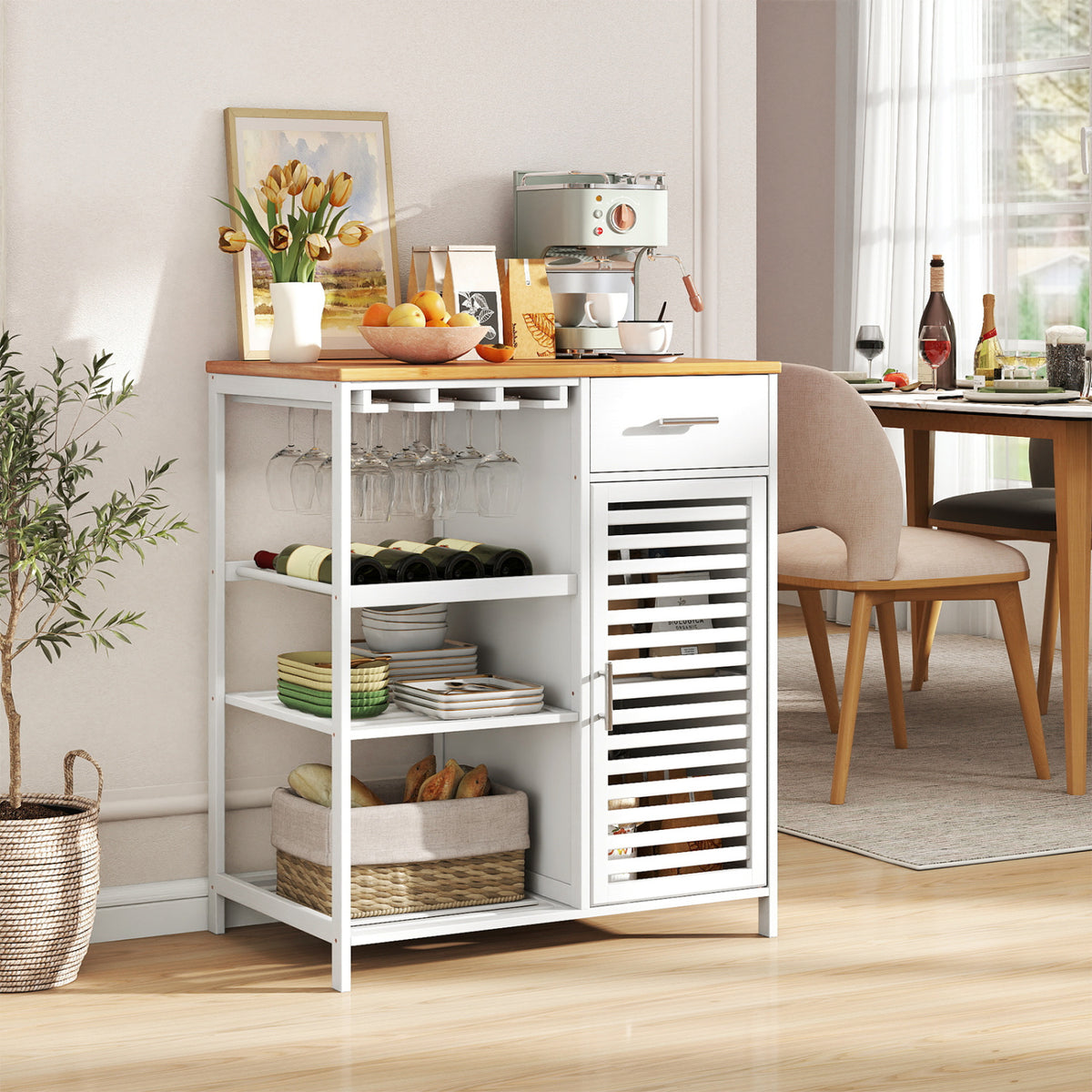 Coffee Bar Cabinet with Glass Holder Wine Rack and Bamboo Top-White