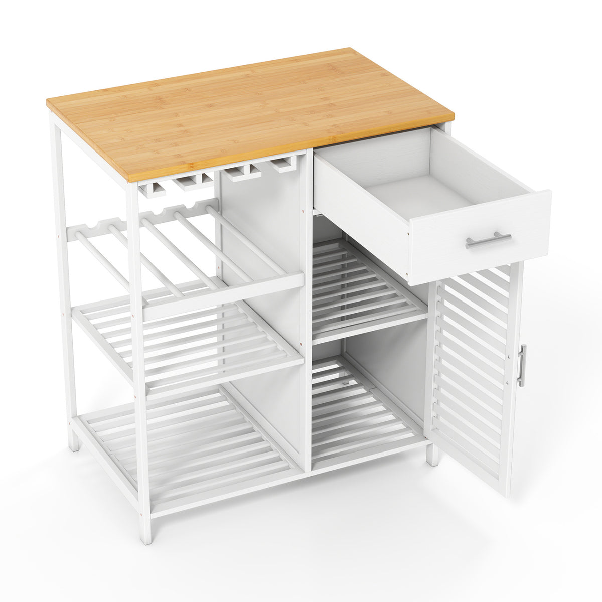 Coffee Bar Cabinet with Glass Holder Wine Rack and Bamboo Top-White